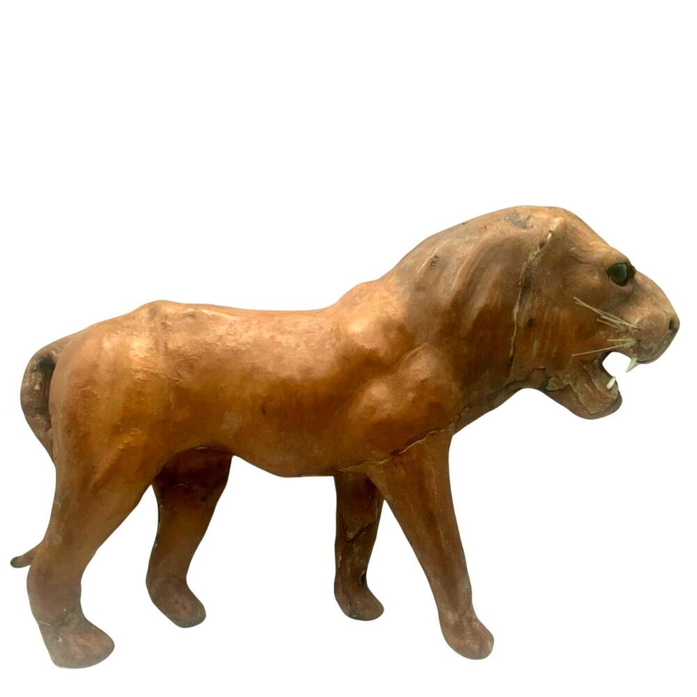 Vintage Leather Wrapped‎ Lion Figurine Statue with Teeth /green eyes MCMItaly?